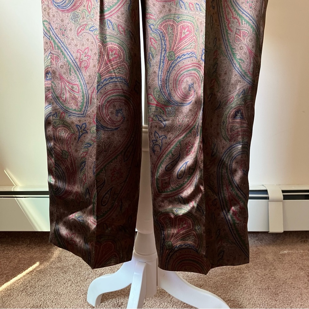 Perry Ellis Vintage Brown Paisley High Waisted Ladies Cropped Silk Trousers - Picture 7 of 11